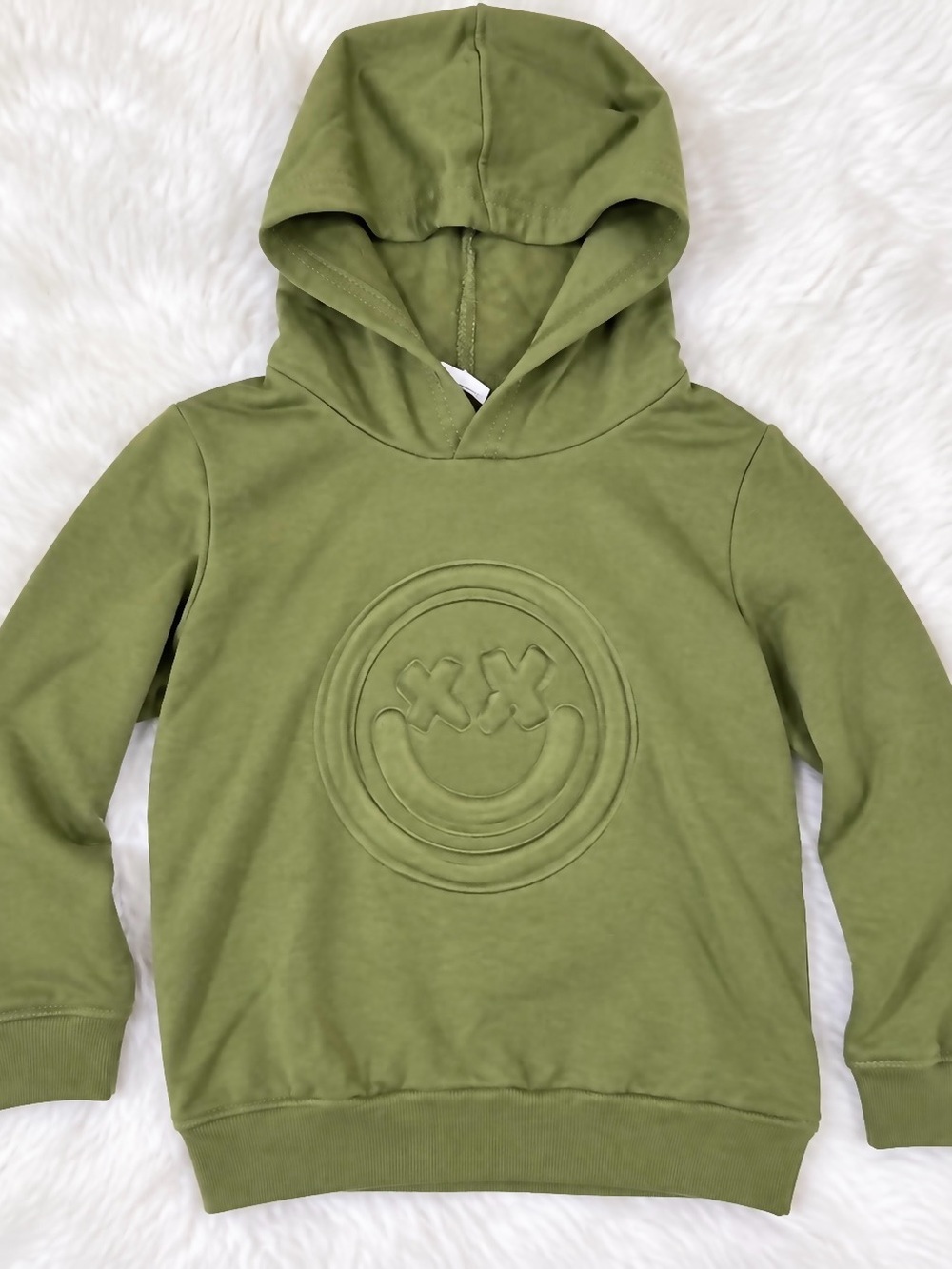 SHEIN Olive Green Toddler Hooded Sweatshirt with Embossed Smiley Face